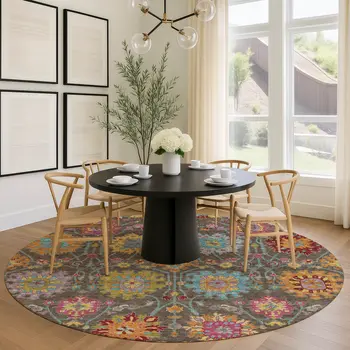 8' Chocolate Gold And Pink Round Damask Washable Indoor Outdoor Area Rug