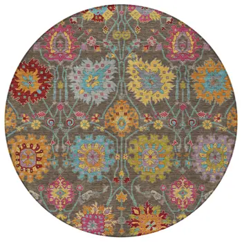8' Chocolate Gold And Pink Round Damask Washable Indoor Outdoor Area Rug