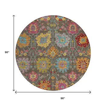 8' Chocolate Gold And Pink Round Damask Washable Indoor Outdoor Area Rug