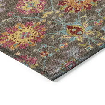 9' X 12' Chocolate Gold And Pink Damask Washable Indoor Outdoor Area Rug