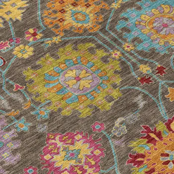 9' X 12' Chocolate Gold And Pink Damask Washable Indoor Outdoor Area Rug