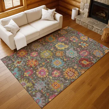 9' X 12' Chocolate Gold And Pink Damask Washable Indoor Outdoor Area Rug