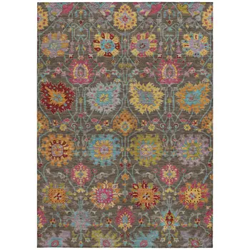 10' X 14' Chocolate Gold And Pink Damask Washable Indoor Outdoor Area Rug