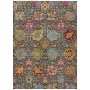 10' X 14' Chocolate Gold And Pink Damask Washable Indoor Outdoor Area Rug