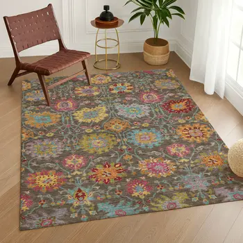 10' X 14' Chocolate Gold And Pink Damask Washable Indoor Outdoor Area Rug