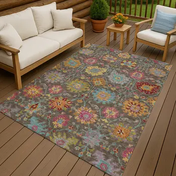10' X 14' Chocolate Gold And Pink Damask Washable Indoor Outdoor Area Rug