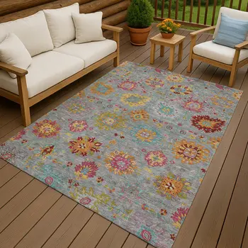 5' X 8' Gray Gold And Pink Damask Washable Indoor Outdoor Area Rug