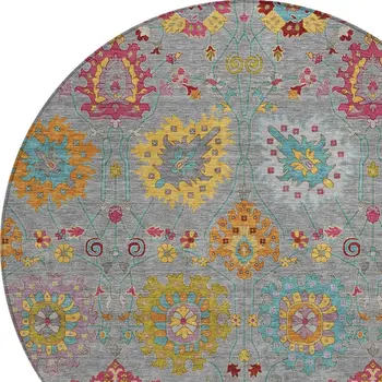 8' Gray Gold And Pink Round Damask Washable Indoor Outdoor Area Rug