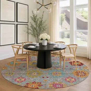 8' Gray Gold And Pink Round Damask Washable Indoor Outdoor Area Rug