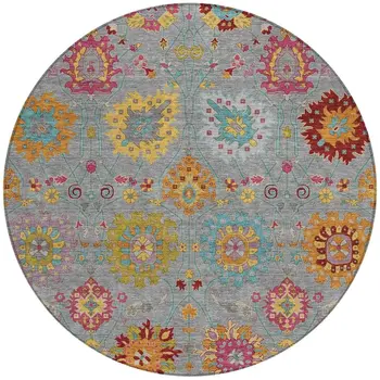 8' Gray Gold And Pink Round Damask Washable Indoor Outdoor Area Rug