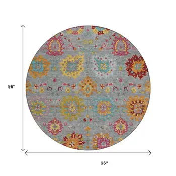 8' Gray Gold And Pink Round Damask Washable Indoor Outdoor Area Rug