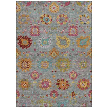 8' X 10' Gray Gold And Pink Damask Washable Indoor Outdoor Area Rug