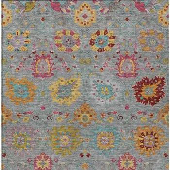 9' X 12' Gray Gold And Pink Damask Washable Indoor Outdoor Area Rug