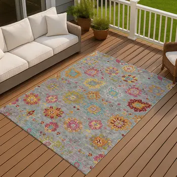 9' X 12' Gray Gold And Pink Damask Washable Indoor Outdoor Area Rug