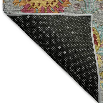 9' X 12' Gray Gold And Pink Damask Washable Indoor Outdoor Area Rug