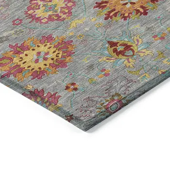 9' X 12' Gray Gold And Pink Damask Washable Indoor Outdoor Area Rug