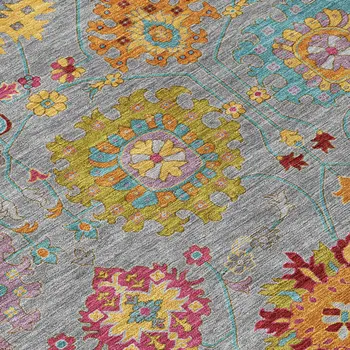 9' X 12' Gray Gold And Pink Damask Washable Indoor Outdoor Area Rug