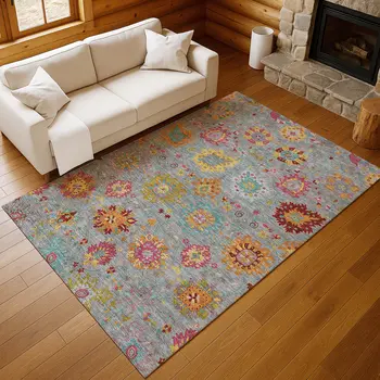 9' X 12' Gray Gold And Pink Damask Washable Indoor Outdoor Area Rug