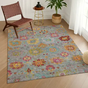 9' X 12' Gray Gold And Pink Damask Washable Indoor Outdoor Area Rug