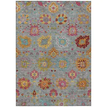 10' X 14' Gray Gold And Pink Damask Washable Indoor Outdoor Area Rug