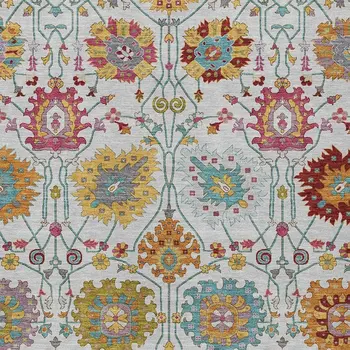 3' X 5' Ivory Gold And Pink Damask Washable Indoor Outdoor Area Rug
