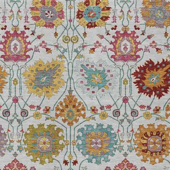 5' X 8' Ivory Gold And Pink Damask Washable Indoor Outdoor Area Rug