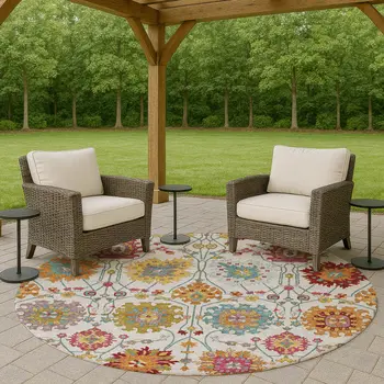 8' Ivory Gold And Pink Round Damask Washable Indoor Outdoor Area Rug