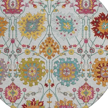 8' Ivory Gold And Pink Round Damask Washable Indoor Outdoor Area Rug
