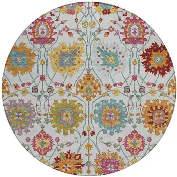 8' Ivory Gold And Pink Round Damask Washable Indoor Outdoor Area Rug