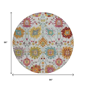 8' Ivory Gold And Pink Round Damask Washable Indoor Outdoor Area Rug