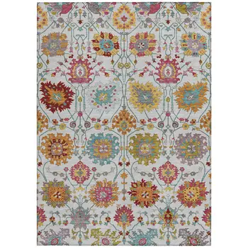 8' X 10' Ivory Gold And Pink Damask Washable Indoor Outdoor Area Rug