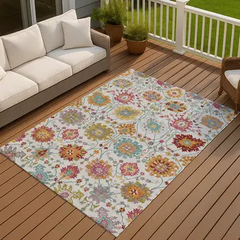 8' X 10' Ivory Gold And Pink Damask Washable Indoor Outdoor Area Rug