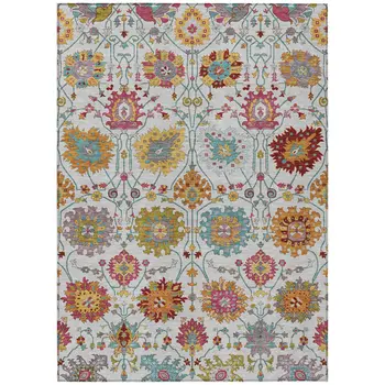 8' X 10' Ivory Gold And Pink Damask Washable Indoor Outdoor Area Rug
