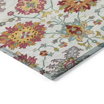 8' X 10' Ivory Gold And Pink Damask Washable Indoor Outdoor Area Rug