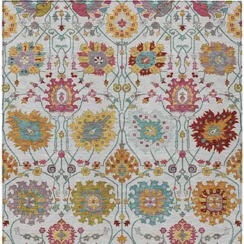 8' X 10' Ivory Gold And Pink Damask Washable Indoor Outdoor Area Rug