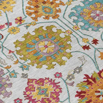 8' X 10' Ivory Gold And Pink Damask Washable Indoor Outdoor Area Rug