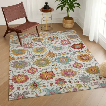 8' X 10' Ivory Gold And Pink Damask Washable Indoor Outdoor Area Rug