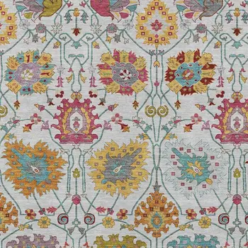 9' X 12' Ivory Gold And Pink Damask Washable Indoor Outdoor Area Rug