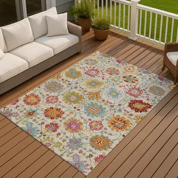 5' X 8' Linen Gold And Pink Damask Washable Indoor Outdoor Area Rug