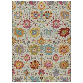 5' X 8' Linen Gold And Pink Damask Washable Indoor Outdoor Area Rug
