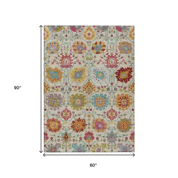 5' X 8' Linen Gold And Pink Damask Washable Indoor Outdoor Area Rug