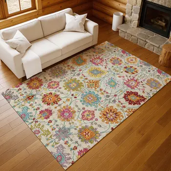 5' X 8' Linen Gold And Pink Damask Washable Indoor Outdoor Area Rug