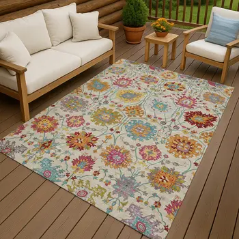 5' X 8' Linen Gold And Pink Damask Washable Indoor Outdoor Area Rug
