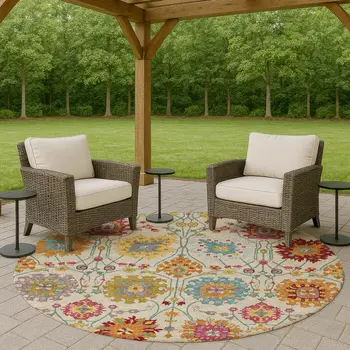 8' Linen Gold And Pink Round Damask Washable Indoor Outdoor Area Rug