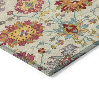 8' Linen Gold And Pink Round Damask Washable Indoor Outdoor Area Rug