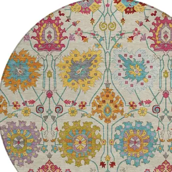 8' Linen Gold And Pink Round Damask Washable Indoor Outdoor Area Rug