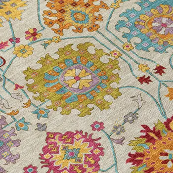 8' Linen Gold And Pink Round Damask Washable Indoor Outdoor Area Rug