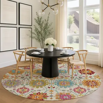 8' Linen Gold And Pink Round Damask Washable Indoor Outdoor Area Rug