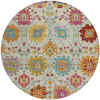 8' Linen Gold And Pink Round Damask Washable Indoor Outdoor Area Rug