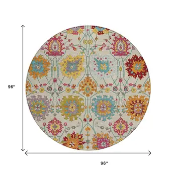 8' Linen Gold And Pink Round Damask Washable Indoor Outdoor Area Rug